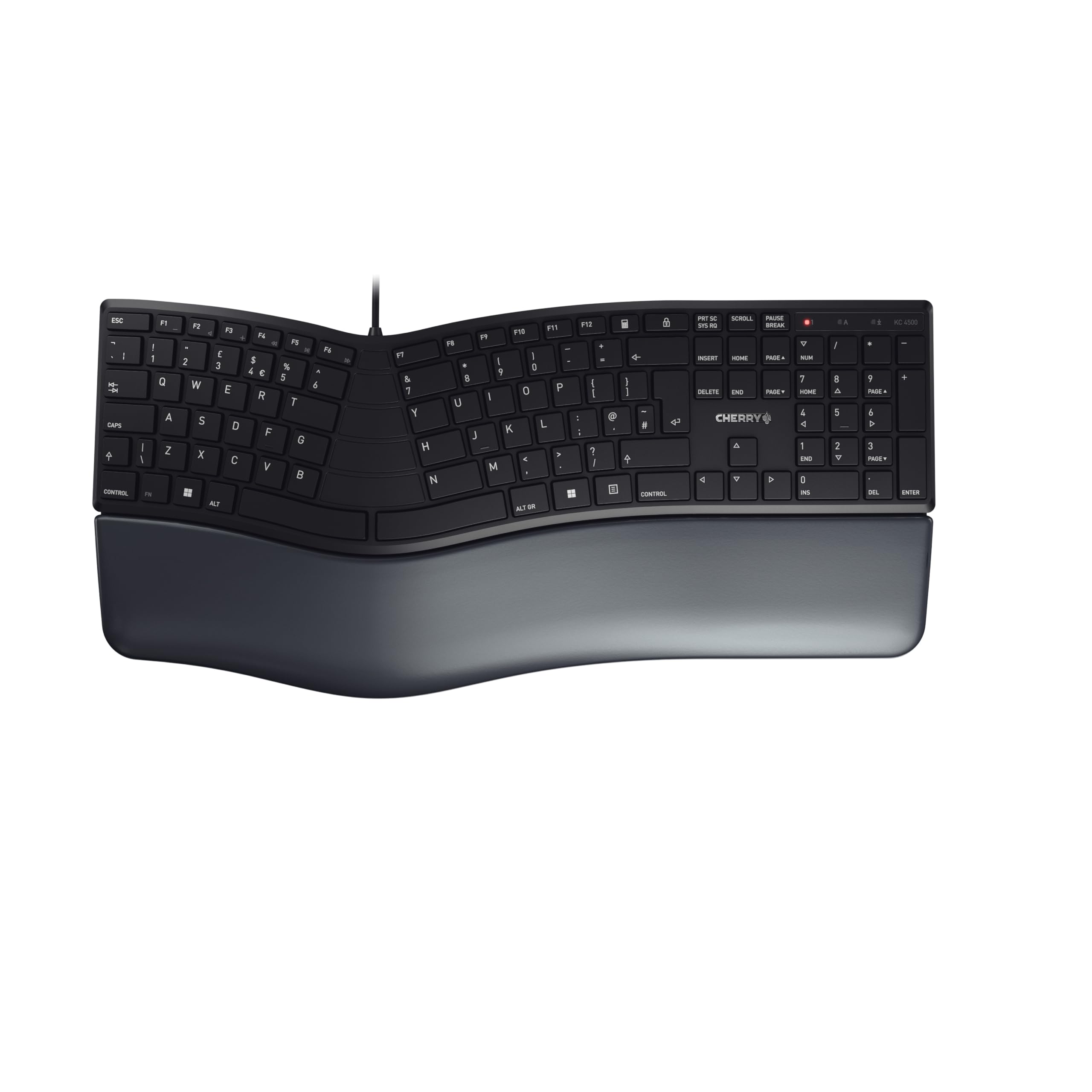 CHERRY KC 4500 ERGO, Ergonomic Keyboard, UK Layout (QWERTY), Wired, Padded Palm Rest with Memory Foam, Curved Keypad, Black