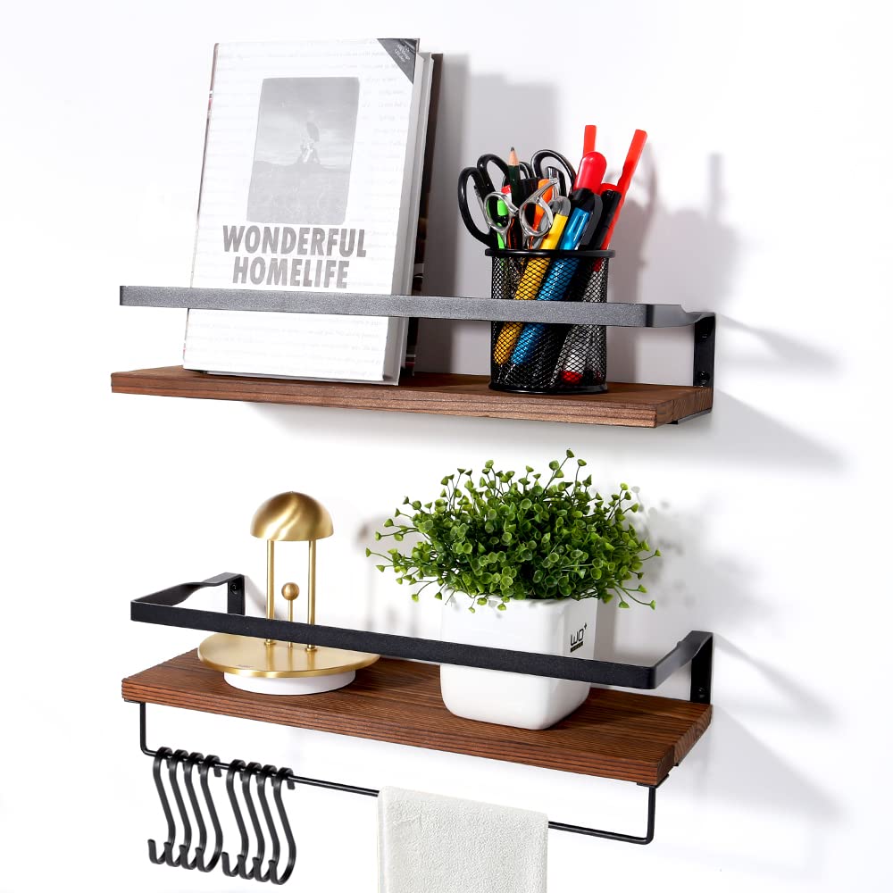 Uten Floating Shelves Wall Mounted Shelf, Dark Brown Solid Wood Shelf, Wooden Shelves Set Spirit Level, Towel Bar 8 Hooks for Bedroom, Bathroom, Living Room, Office, Kitchen — image 1