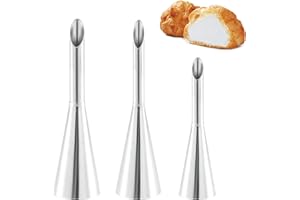 Nivofu 3Pcs Cream Puff Nozzle, Stainless Steel Long Puff Nozzle Tip, Cream Puff Icing Piping Nozzle Tip, Long Filling Piping 