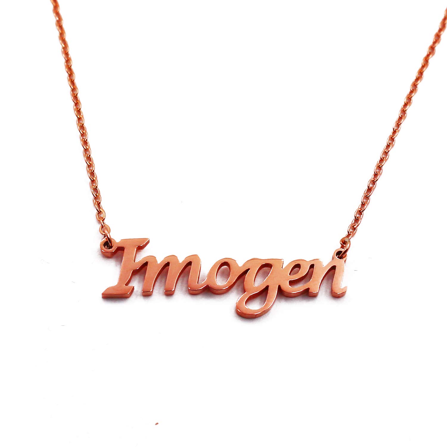 Kigu Imogen Personalised Name Necklace 18ct Rose Gold Plated, Custom Dainty Name Pendants, Jewellery for Ladies, Girlfriend, Mother, Sister, Friends