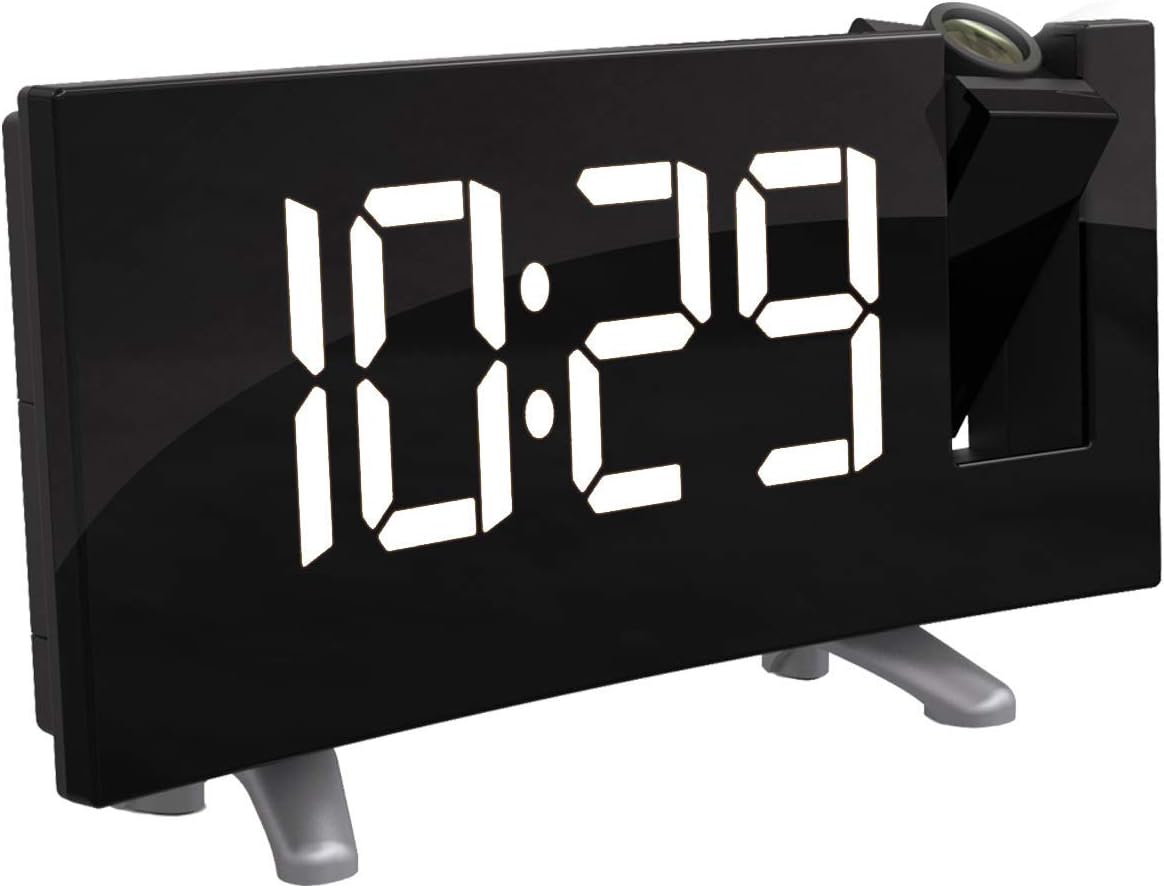 Projector Clock, Powstro Digital Alarm Clock Radio Alarm Clock Snooze Timer LED Display 7.1inch Wide Curved Screen Dual Alarm USB Charge FM Radio Clock 12/24 Hours - White