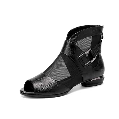 Nine Seven Genuine Leather Womens Round Peep Toe Low Chunky Heel Graceful Handmade Fashion Back Zip Women Mesh Summer Boots with Buckle