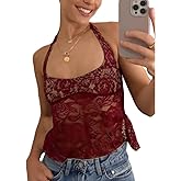 Women Y2K Lace Halter Camisole V Neck See Through Tank Top Backless Slim Fit Crop Camis Sexy Going Out Top