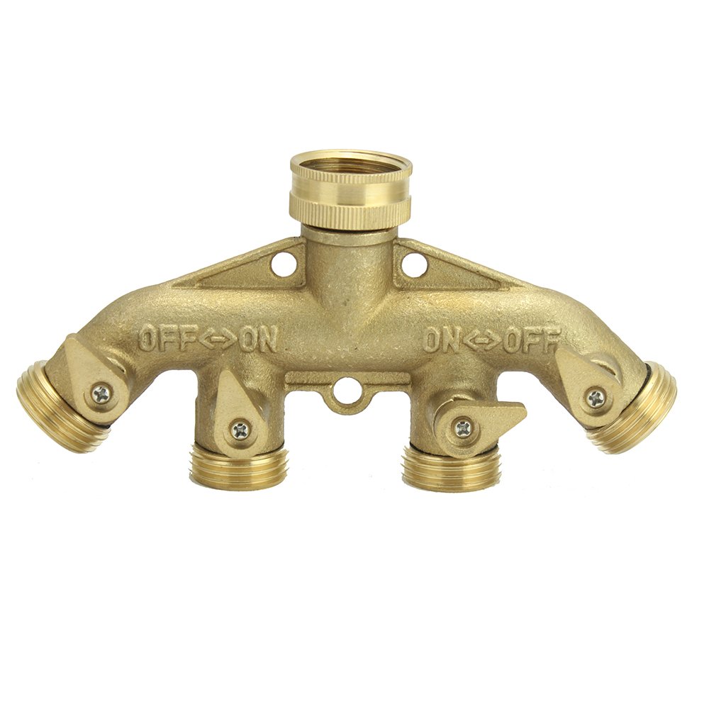 Tech Traders [BRASS BODY] 4-Way Brass Faucet Manifold Garden Hose Connector, Individual Brass Shut-off Valve with Male Connector, Solid Brass Material