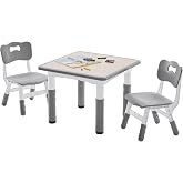 DOREROOM Adjustable Kids Table &amp; 2 Chairs Set, 23.6" L x 23.6" W, Grey-W | Graffiti Desktop,Table Supports 300 lbs,Toddler Ages 2-8，FSC-certified, Children Activity Table for Daycare, Classroom, Home