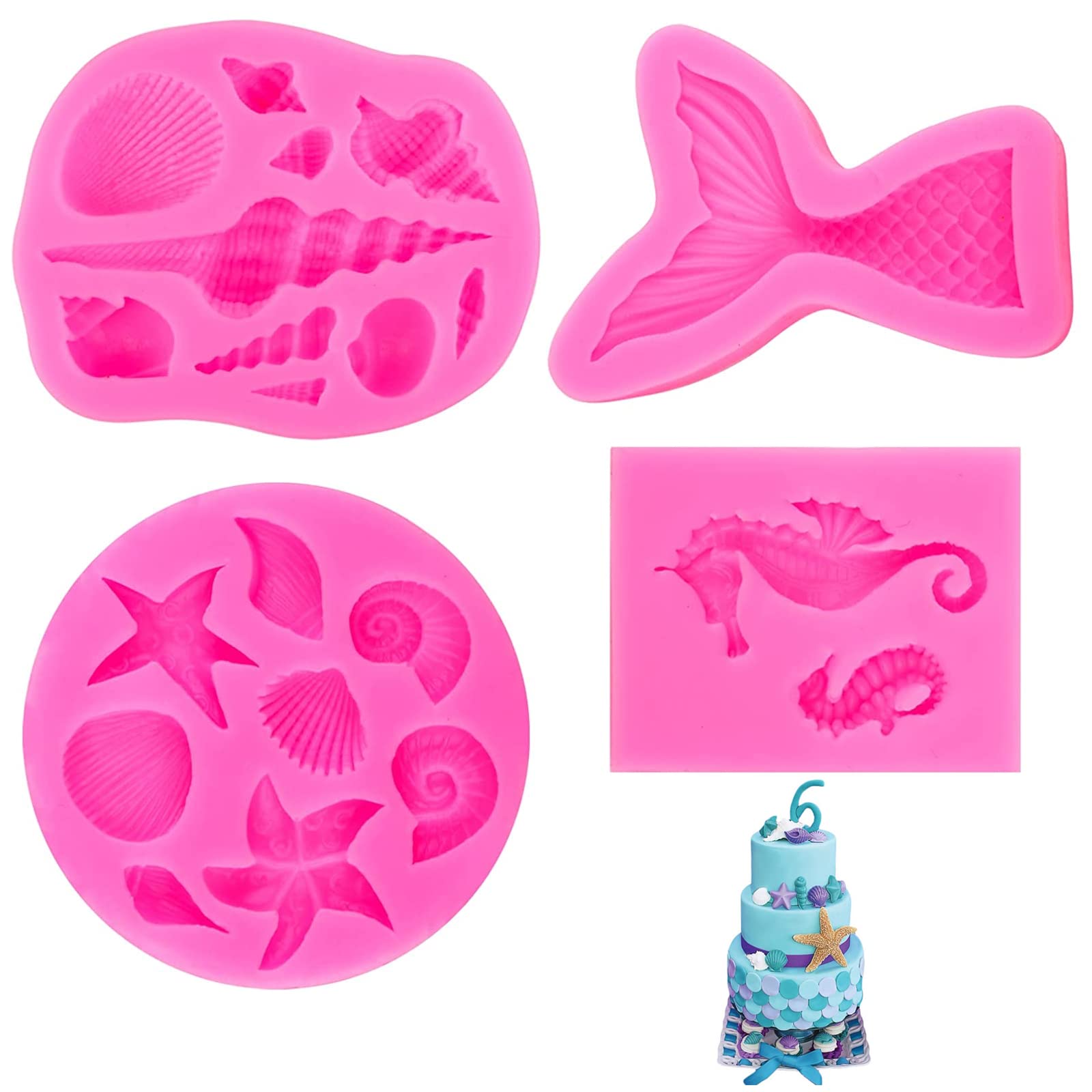 Mermaid Silicone Mould,4PCS Shell Conch Mermaid Tail Seahorse Starfish Fondant Cake Moulds,Silicone Baking Molds Tools for DIY Cake Decorating Chocolate Candy Soap