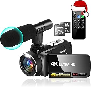 Camcorder 4K Videokamera 30MP 18X Camcorder mit LED Fülllicht, 3.0"IPS Touchscreen Vlogging Kamera für YouTube mit Mikrofon, 2 Akkus, Anti-Shake