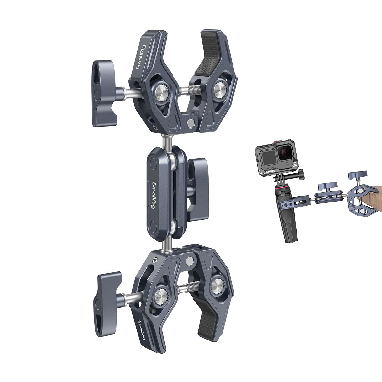 Photo 1 of SMALLRIG Double Clamp Mount, Umbrella Clamp, Super Clamp Arm, for Chair, Pole, Tripod, C Stand, Handlebar, All Metal Max Load Capacity 3.5kg