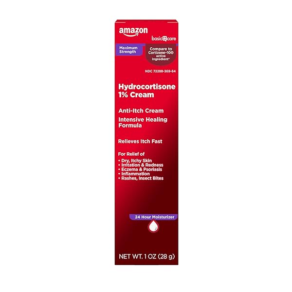 AMAZON BASIC CARE MAXIMUM STRENGTH ANTI-ITCH CREAM, HYDROCORTISONE 1 PERCENT INTENSIVE HEALING FORMULA, ITCH RELIEF FOR BUG BITES, ECZEMA, PSORIASIS, POISON IVY, OAK AND SUMAC, 1 OUNCE (PACK OF 1)