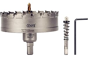 CENYB 4-1/4" (108mm) Tungsten Carbide Tipped Hole Saw with 2Pcs Titanium-Plated Pilot Drill Bits for Hard Metal,Stainless Steel,Iron,Aluminum Alloy,Wood and Plastic