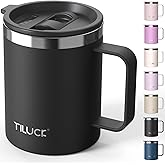 TILUCK 12 oz Insulated Coffee Mug with Lid,Stainless Steel Travel Mug Cup with Handle for Hot or Cold Drinks(MidnightBlack, 12oz)