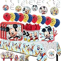 Another Dream Disney Mickey Mouse On The Go Mega Deluxe Birthday Party Pack for 16 with Plates, Napkins, Cups, Tablecover, Candles, Hanging Swirl Decorations, Balloons, and Birthday Pin