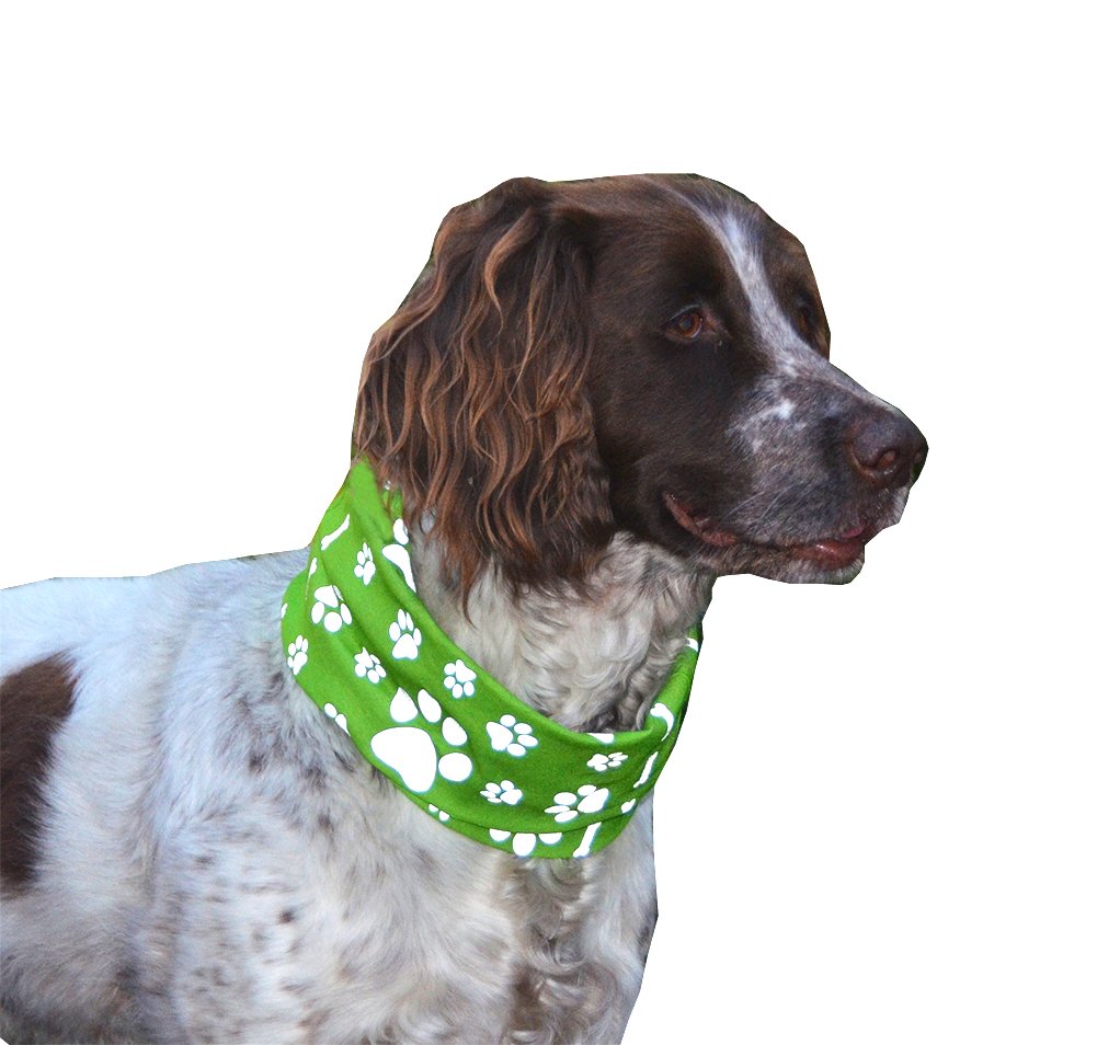 Ruffnek REFLECTIVE GREEN PAW & BONE PRINT DOG TUBE SCARF/COLLAR/BANDANA BE SAFE, BE SEEN - One Size/Medium Dogs