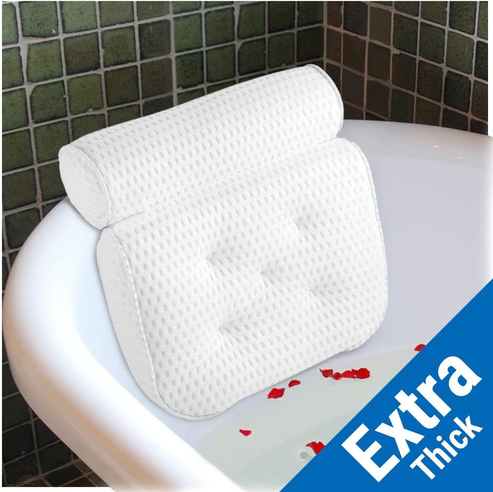 ecooe Comfort Bath Pillow Bathtub Pillow Luxury Spa Pillow White with 5 Strong Suction Cups and Coarse Mesh Soft Neck Pillow Support Head Neck Back Shoulders Non-slip Fit for Any Size Tub