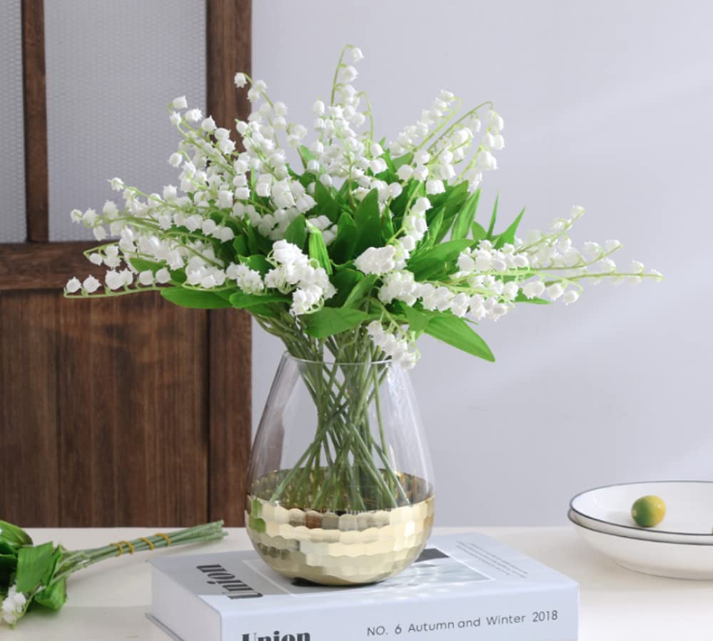 NatureMan 18 Pcs Artificial Lily of The Valley Faux Flowers White Wind Chime Orchid Bouquet Flower Arrangement for Wedding Holding Flowers Baby Shower Party Garden Indoor Outdoor Decor