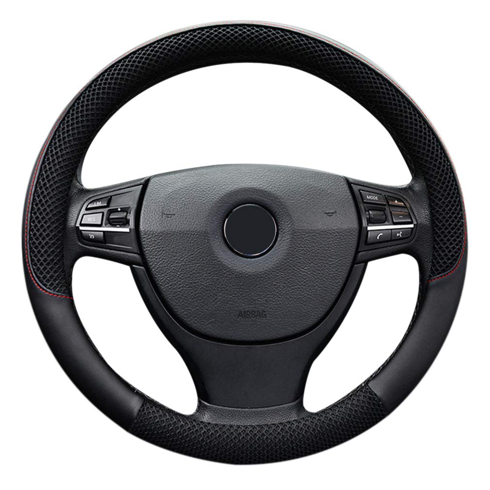 LucaSng Black Microfiber Leather and Ice Silk Fabrics Car Steering Wheel Cover Fit 14.56”-14.96”