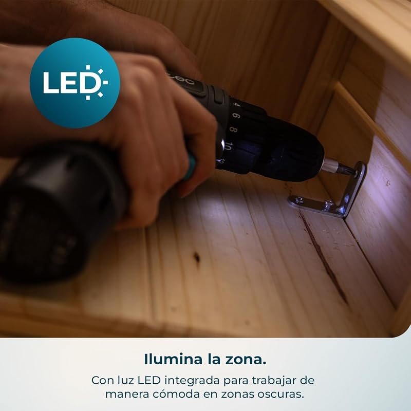 Taladro a Batería PowerForce 1000. 12V 2000mAh, 2 Velocidades 400/1400rpm, Par de Apriete 28Nm en 20 Niveles, Luz LED, Cambio de Broca sin Llave, Diseño Ergonómico, Incluye Puntas y Brocas