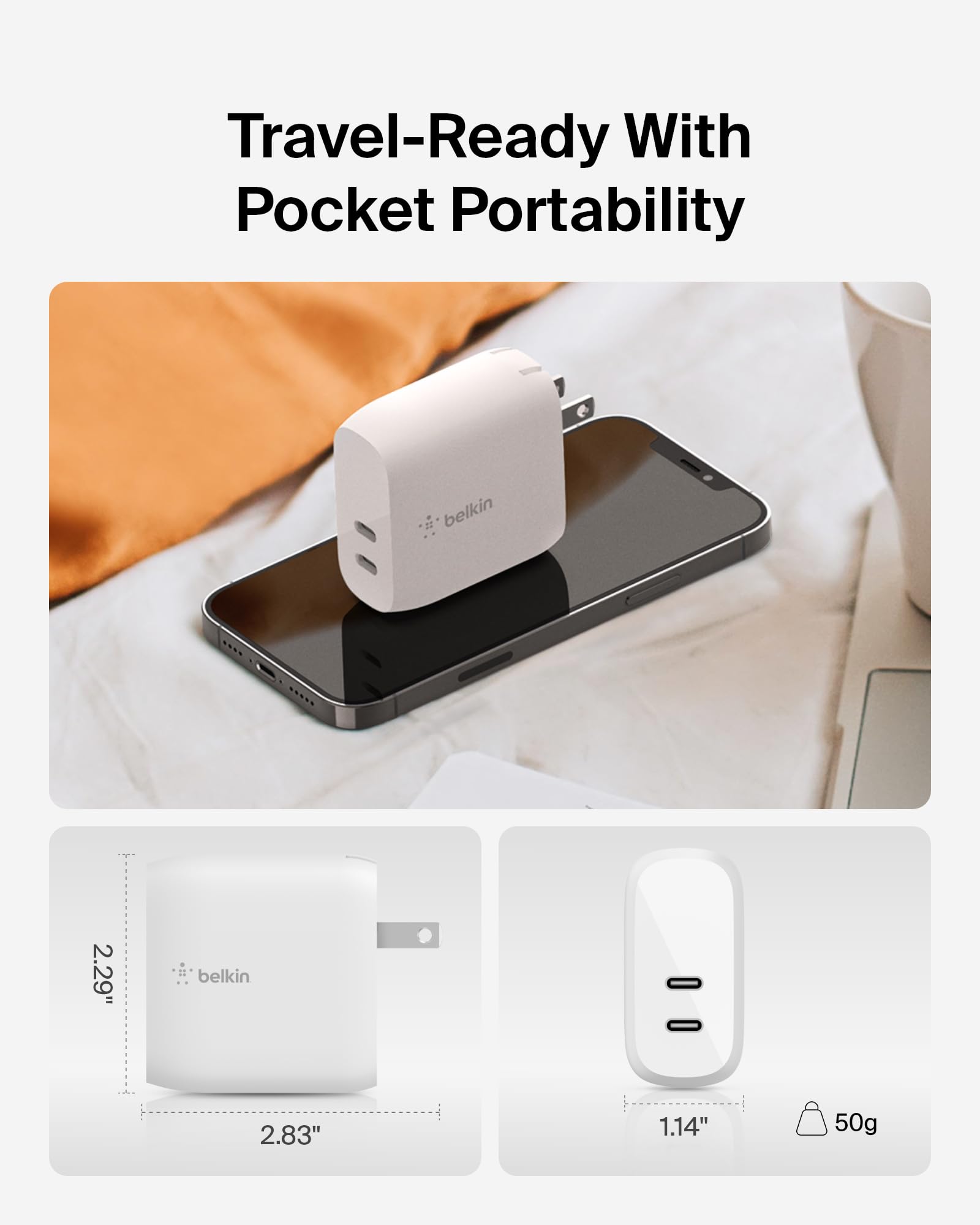 Belkin Dual Port USB C Charger Block 40W, USB-C Charger Fast Charging for iPhone 16, 15, 14, 13, Pro, Pro Max, Plus, Samsung Galaxy S25, Pixel , iPad, AirPods, Nintendo Switch 2 & More - White