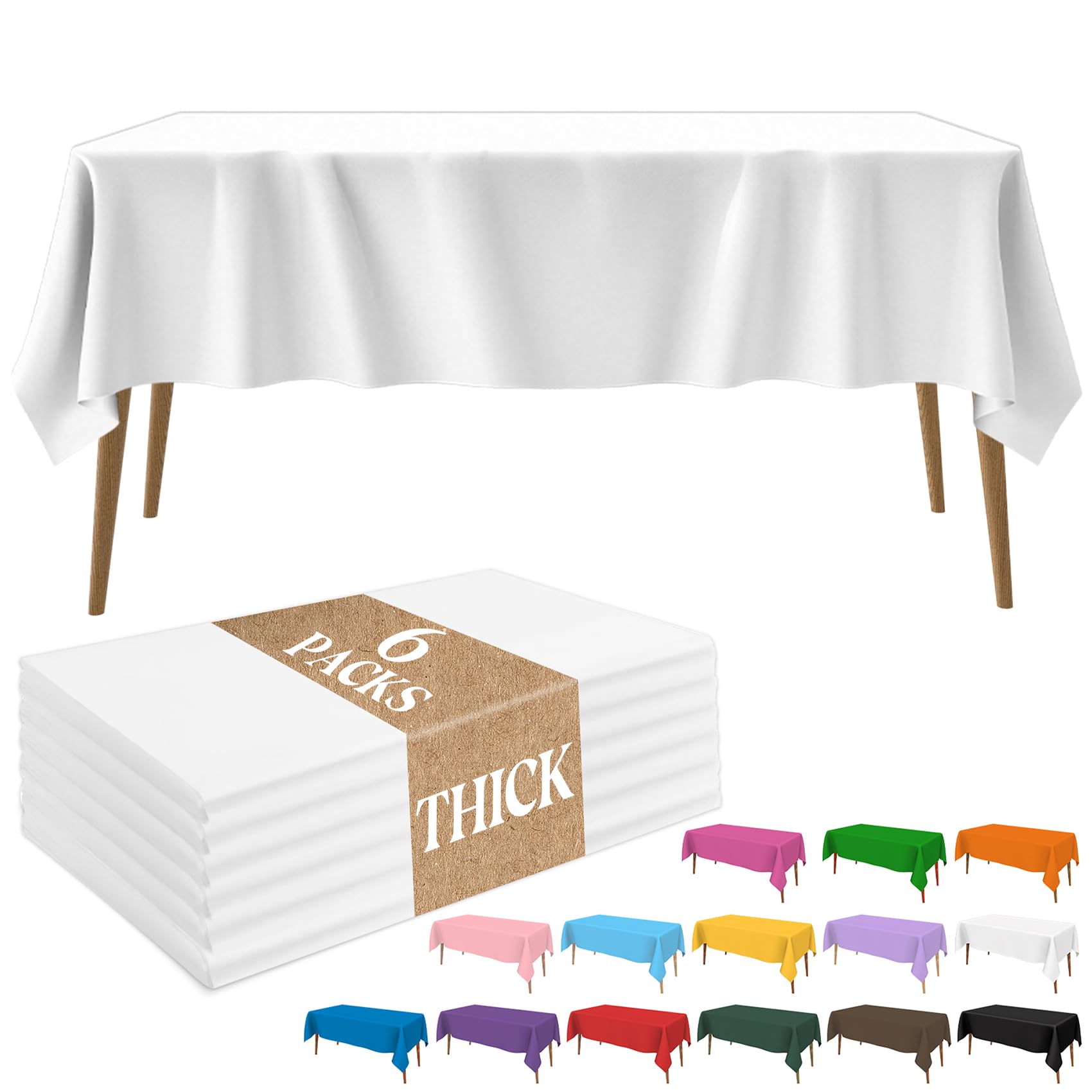 Photo 1 of  pack of 2 Slergut 6 Pack Plastic Table Cloth, White Thick Table Cloth Rectangle Table Cover 54 x 108 Inch Disposable Waterproof Tablecloth for Parties Camping Decoration 