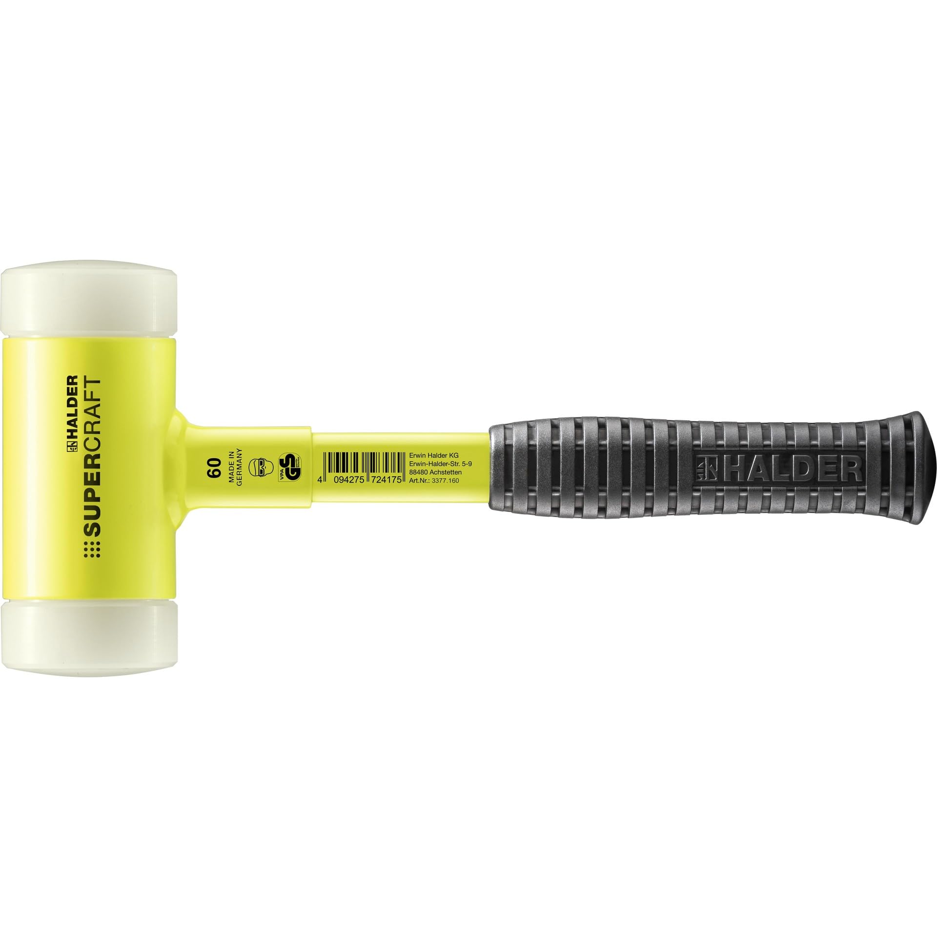 Halder 3377160 Mallet with Break-Proof Steel Tube Handle, Yellow, 60 mm