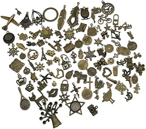 Pack of 100 Mixed DIY Antique Pendants Charms for Crafting,Bracelet Necklace Jewelry Findings Jewelry Making Accessory (Bronze)