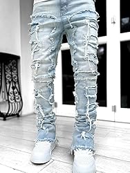 Kodaruber Mens Stacked Jeans Slim Fit Ripped Skinny