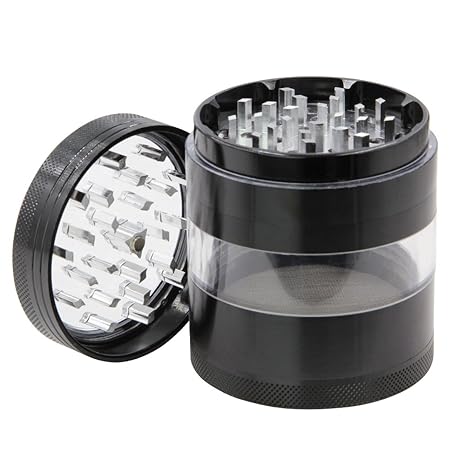 DCOU Aluminium Tabak Gewürze Kräutermühle mit Pollensammler, Mehrfachkammern und magnetischen Deckel 4-teilig 2,5 - Zoll (Hel