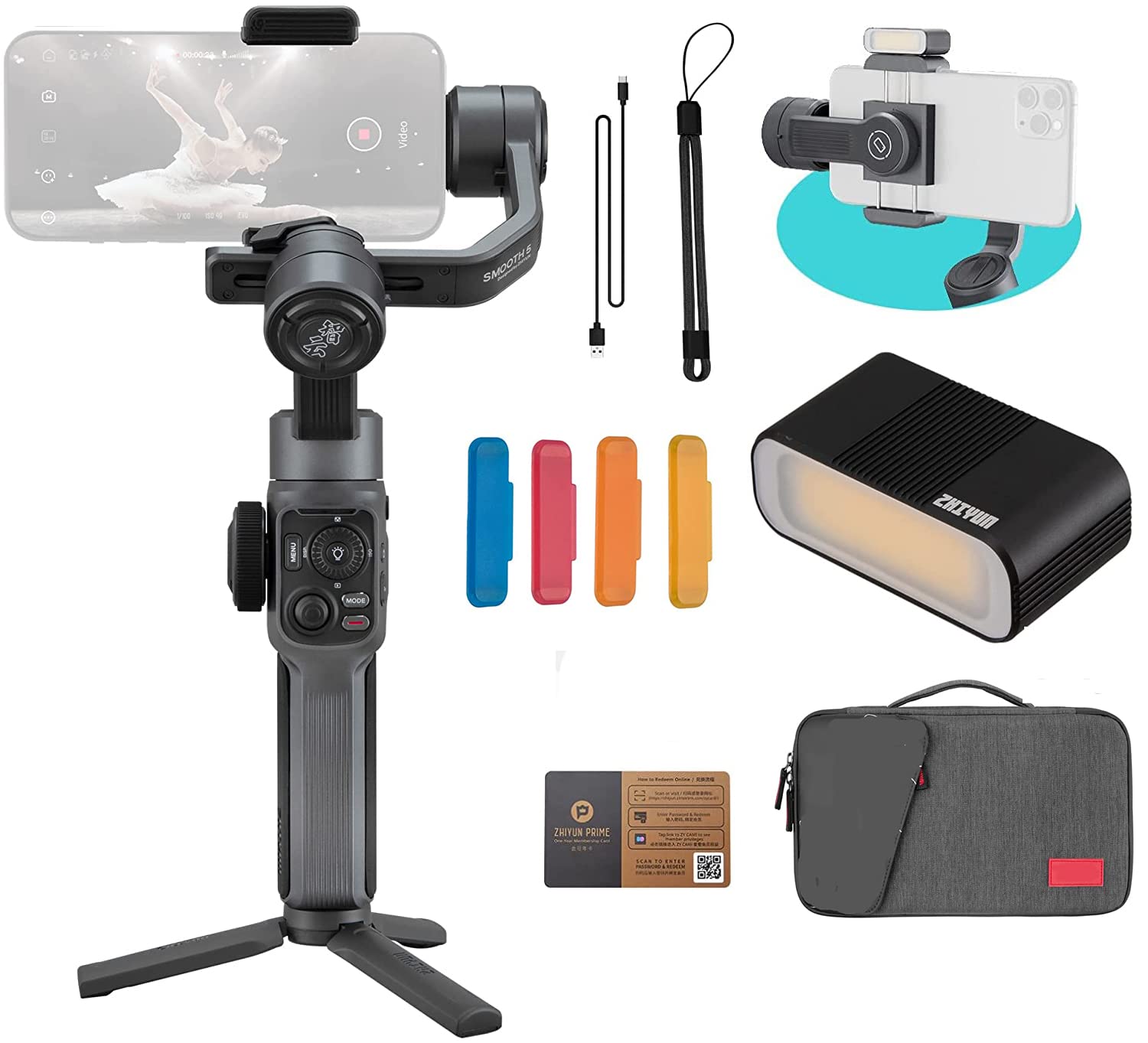 Zhiyun Smooth 5 Combo Gimbal Stabilizer for iPhone 13 Pro Max Carrying Bag & LED Light & Tripod Professional 3-Axis Handheld Gimbal Stabilizer