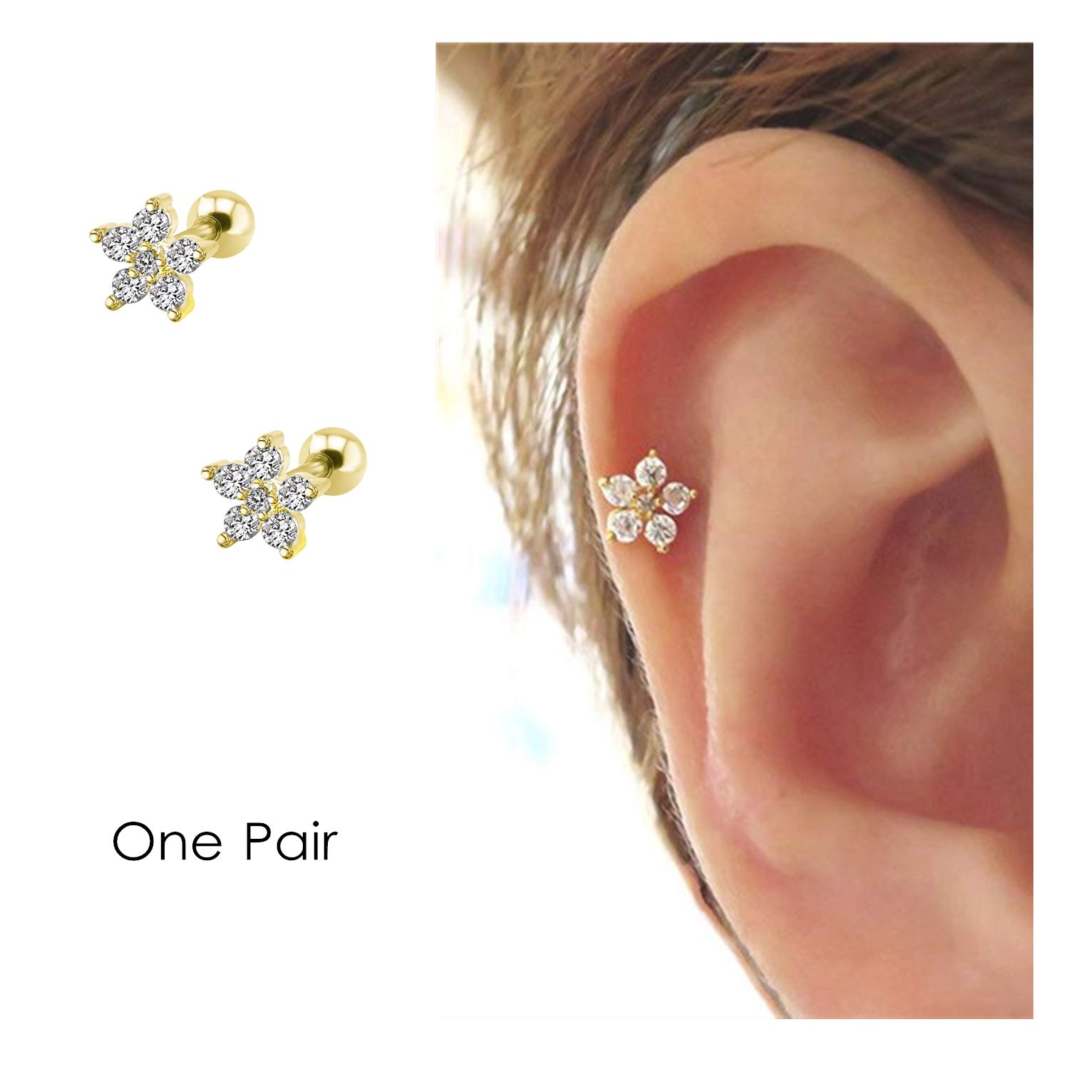 Flower Cartilage Earring Cz Stud Mini Earrings Small Tragus Earring Dainty Barbell Ear Helix Conch Rook Piercing For Women Girls