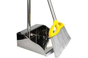 Stainless Steel Dustpan with Outdoor Stiff Bristles Broom,Long Handle Metal Dust Pan and Heavy Duty Broom for Home,Lobby,Offi