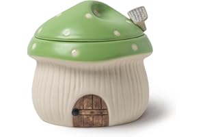 RESVUGA Ceramic Sugar Bowl with Lid & Spoon, Cute mushroom house design. Porcelain Seasoning Storage Jar, 14 Ounces. (Green)