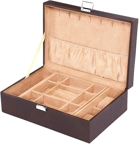 Amazon Gaping Pu素材 リング収納ボックス イヤリングフック ロック設計 2階 レトロなスタイル 宝石箱 ペンダント 時計 リング 大容量 手作り 木製 卓上収納 ジュエリー収納 オンライン通販