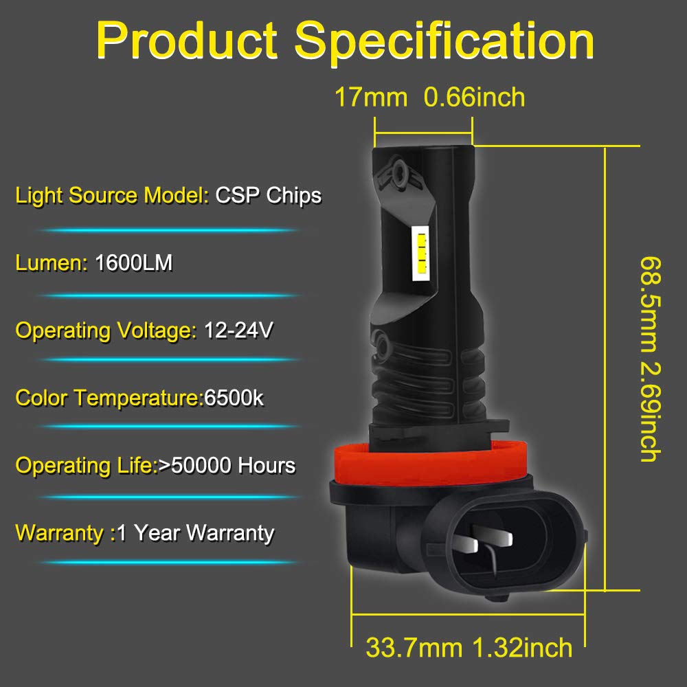 JSBOYAT H11 Led Fog Light Bulb H9 Led Bulbs CSP Chips H8 Bulbs DRL Replacement 1600LM 6500K Cool White Not Headlight 1 Year Warranty(1 Pair)
