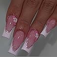 Foccna Press On Nails - Long Rhinestone Pink & Black Square Bling Glossy 3D Flower False Nails - 24pcs (Long Nails 5)