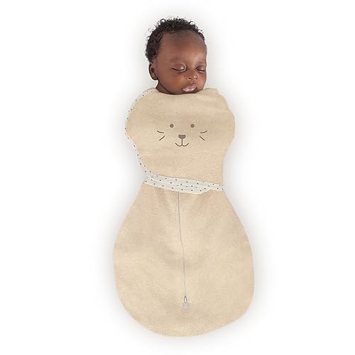 SwaddleDesigns 6-way Omni Swaddle Sack, Arms Up Swaddle for Newborn, More Options to Calm Startle Reflex, Improves Sleep, Easy Transition Baby Sleep Sack, Small, 0-3 Month, Oatmeal, Cute Animal Face