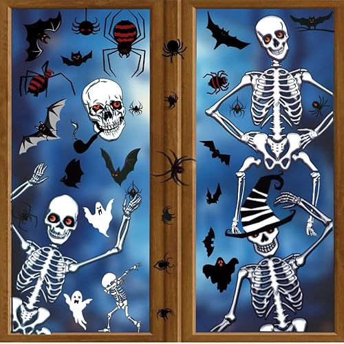 Halloween Window Stickers | Halloween Window Decorations Clings Decals Doublesided Reuseable Skeleton Bats Spider Ghost |