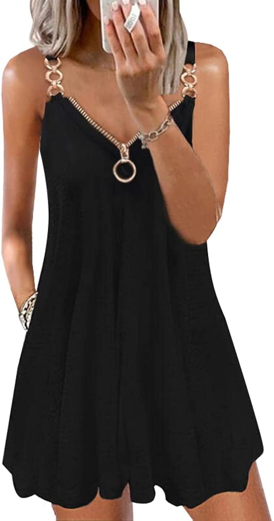 Photo 1 of ETCYY Women's Summer Dresses 2025 Casual Sleeveless V Neck Loose Cover Up Beach Sundresses with Pockets(S.Black)