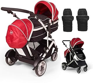 Kinder Kargo Duel DS R. inkl. 2 Fußsäckchen und 2 Regenabdeckungen. Tandem-Kinderwagen, Rot