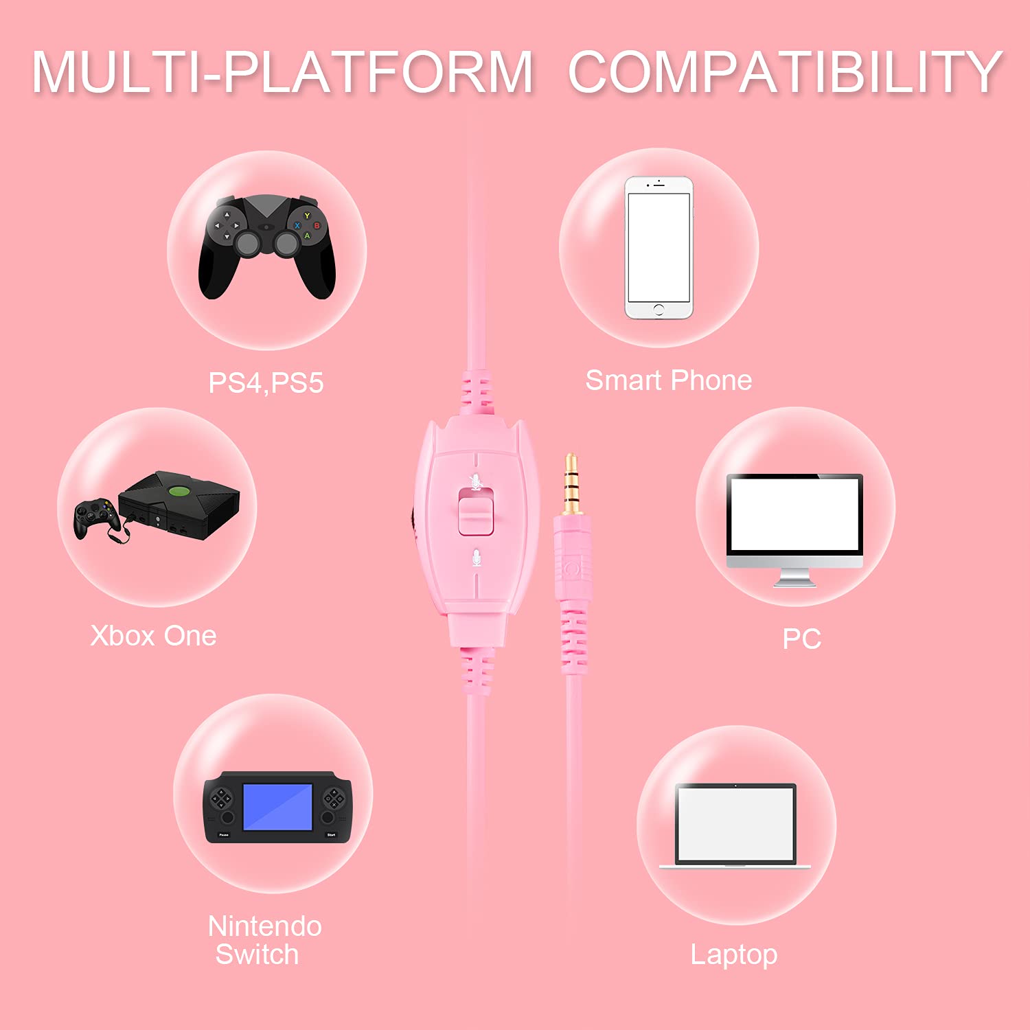 Gaming Headset for PS5, PS4, Xbox, PC & Nintendo Switch - Kids Headphones with Mic for School Supplies - Wired Pink Headphones