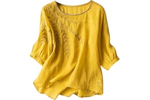 FARTEY Linen Shirts for Women Summer Casual 3/4 Length Sleeve Tops Embroidery Jacquard Button Down V Neck Blouses Tunics