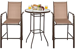 Tangkula 3 Pieces Outdoor Patio Bar Set, Outdoor Bistro Set with 2 Bar Stools and 1 Tempered Glass Bar Table, Bar Height Patio Table and Stools Set for Backyard, Garden, Lawn (Coffee)