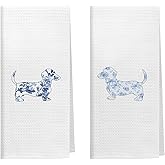 Kemingni Blue Chinoiserie Floral Dachshund Kitchen Towels Set of 2, Dachshund Gifts for Women, Grandmillennial Flower Wiener Dog Decorative Hand Dish Tea Towels for Bathroom Kitchen, 16x24 Inch