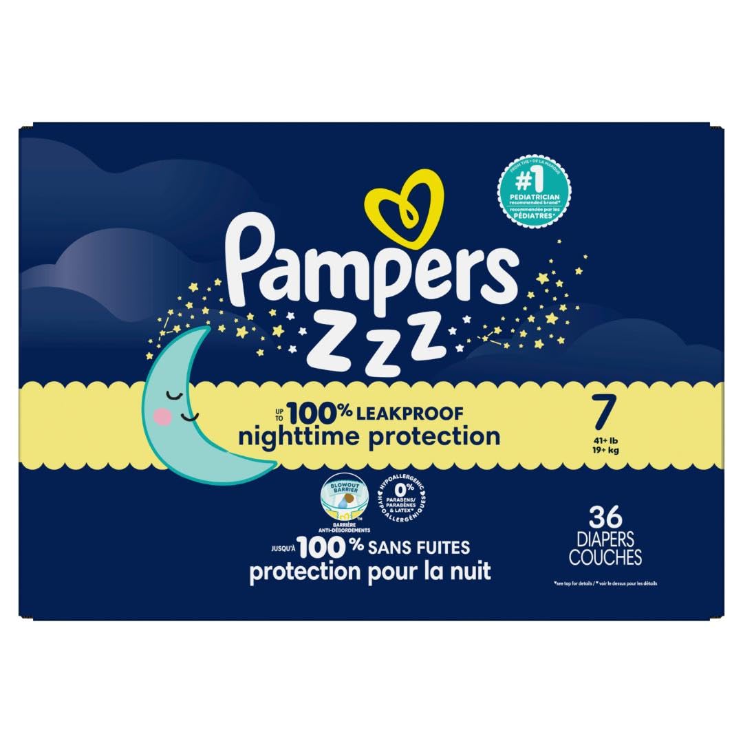 Pampers ZZZ Overnight Diapers, Size 7 (41+ lbs), 36 Count, Nighttime Protection Disposable Baby Diaper, Night Time Leak and Skin Protection