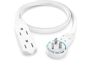 Maximm Cable 2 Ft 360° Rotating Flat Plug Extension Cord/Wire, 16/3 AWG Multi 3 Outlet 3-Prong Grounded Wire- White - UL Certified