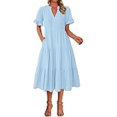 BTFBM Summer Dresses for Women 2025 Vacation V Neck Loose Short Sleeve A Line Tiered Flowy Casual Midi Beach Dress