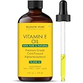 Majestic Pure Vitamin E Oil for Skin 4 Oz Glass Bottle | 100% Pure &amp; Natural Ayurvedic Skin Care Oil for Face &amp; Hair - 70,000 IU- Cold Pressed Hexane Free Non-GMO Gluten Free Formula