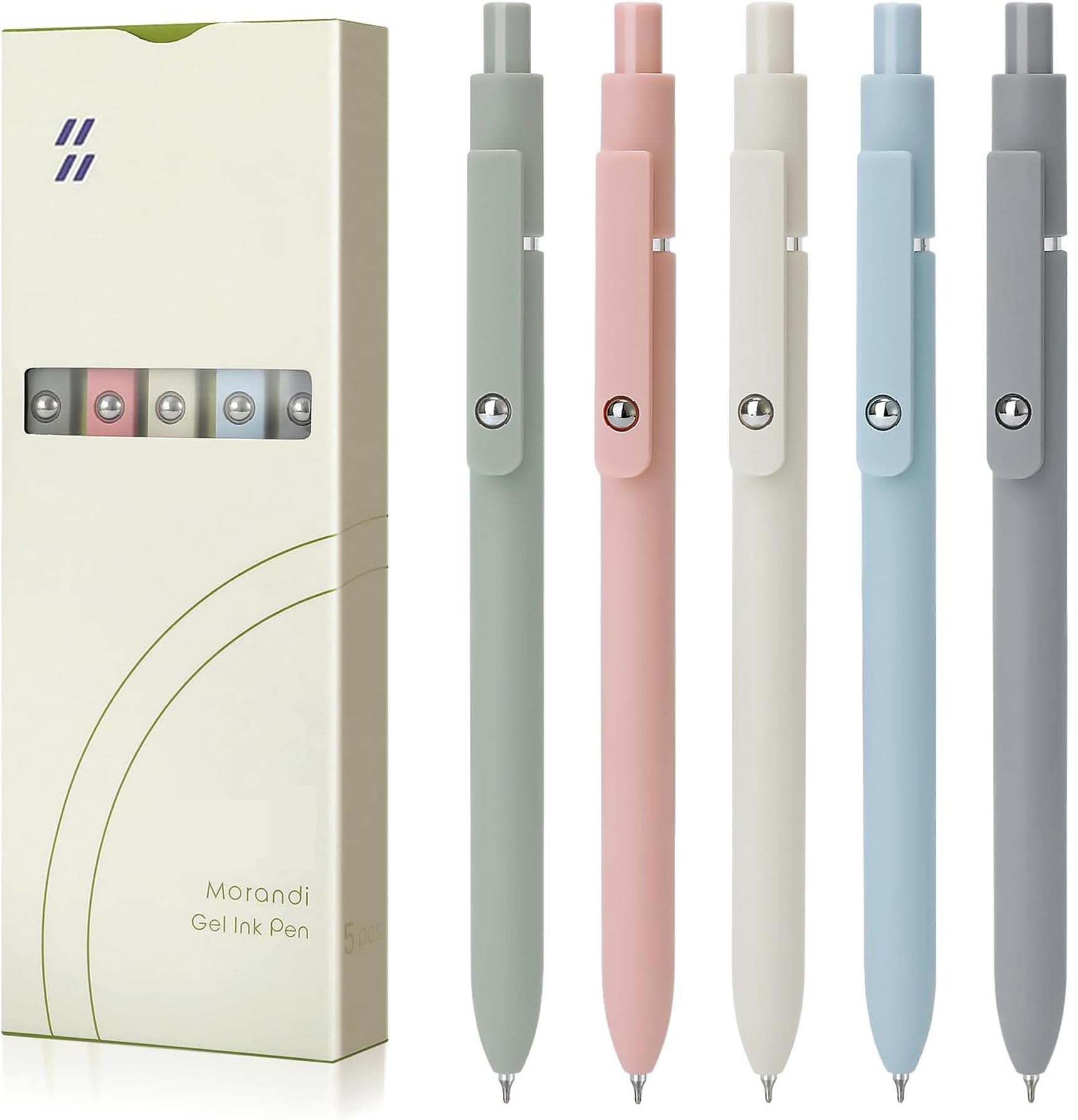 KANGSIT Gel Pens Black, 5Pcs 0.5mm Black Ink Fine Point Smooth Writing Pens with Silicone Grip, High-End Series Retractable Pens for Journaling Note Taking, Cute Office School Supplies - Morandi