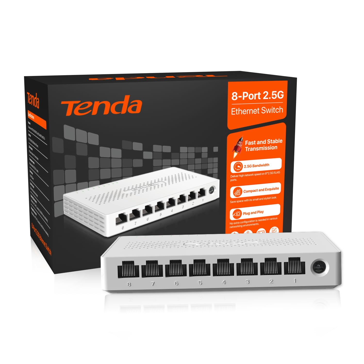 Tenda SE108 2.5 Gbit Switch 8 Port, Unmanaged 2.5GB Netzwerk Switch LAN Splitter (Plug-and-Play Ethernet Switch, Lüfterlos, Desktop-/Wandmontage, Ideal für 2,5G NAS, Server, WiFi 6/7 AP, Gaming-PC) 8