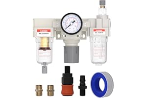 AIRZOE 1/4” NPT Air Compressor Filter, Regulator and Lubricator Combos FRL - Water Oil Trap Separator AC2000-02, 5 Micron Brass Element, Semi-auto Drain, 0-150 psi Gauge