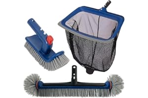 POOLAZA Deluxe Swimming Pool Cleaning Kit Including Pool Skimmer Net with Rubber Edge, 17.5" Pool Brush Head & Rotatable Pool Scrub Brush, Heavy Duty Pool Cleaning Kit Inground & Above Ground Pool (No Pole)
